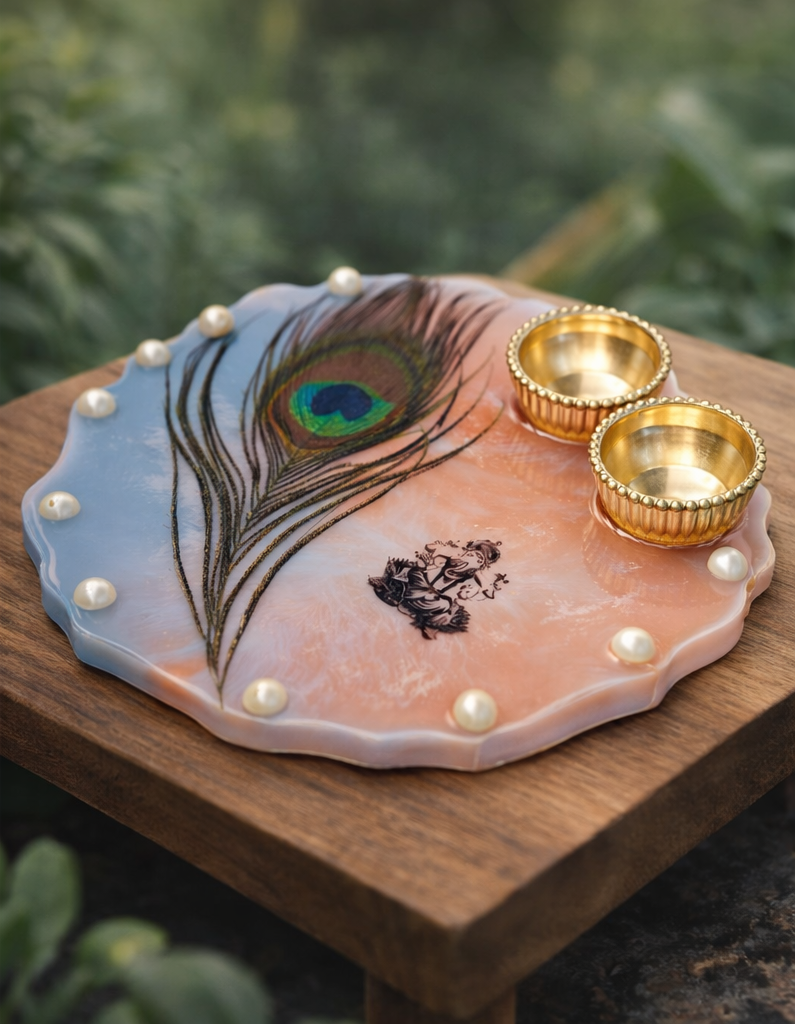 Krishna Peacock Feather Resin Pooja Coasters